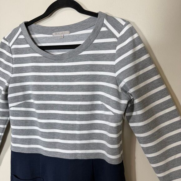 Gap Women’s Navy Gray White Stripe Color Block Pockets Ponte Knit Dress Medium - Picture 4 of 7
